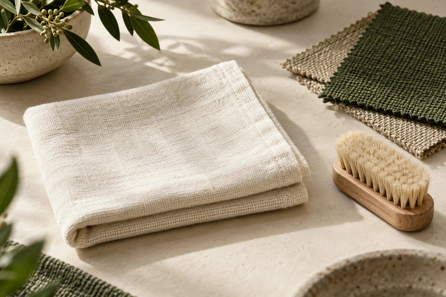 Editorial still life of a folded cloth, a brush and green and beige fabric swatches.