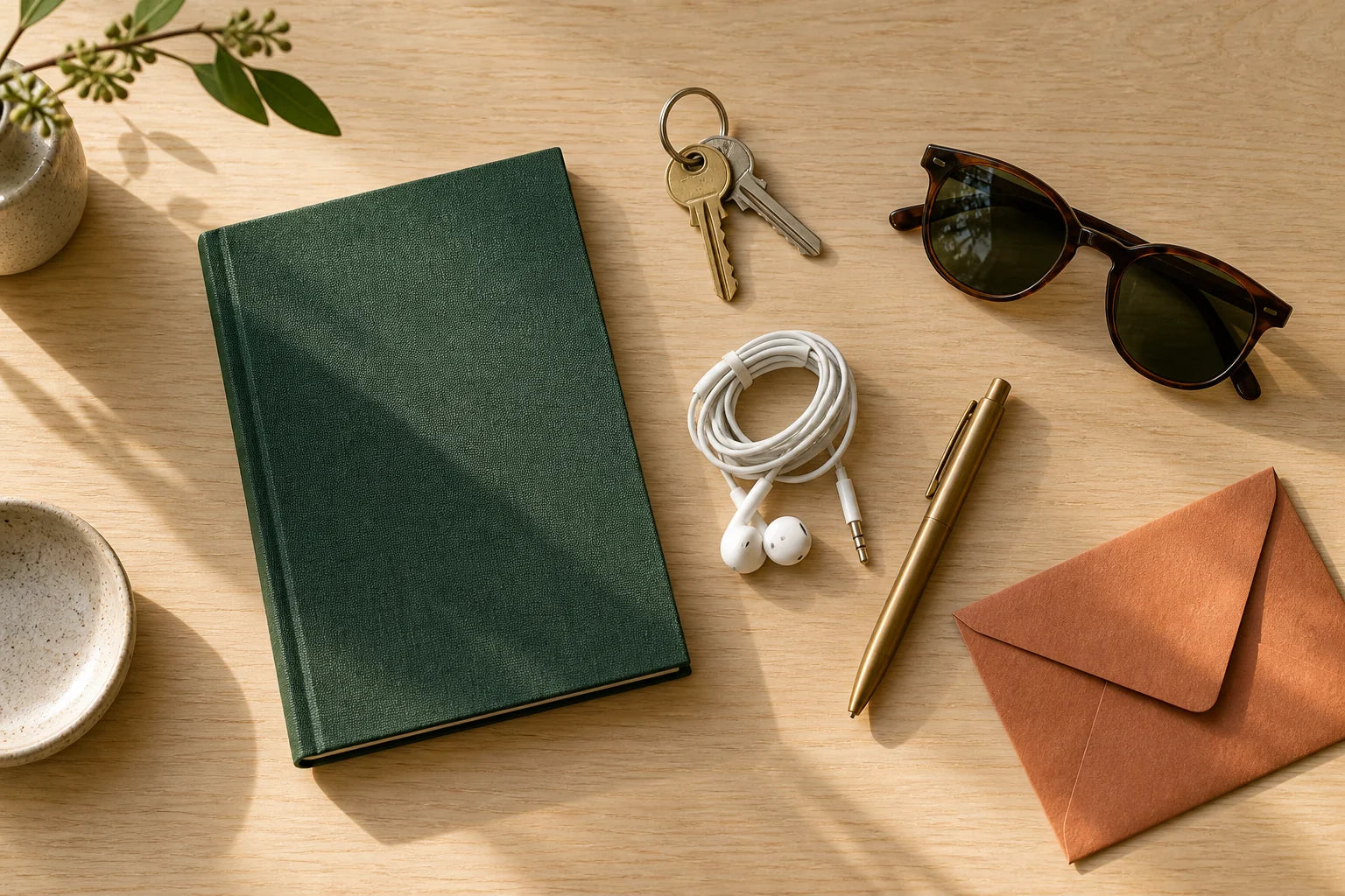 Editorial still life of a notebook, keys, sunglasses, wired earbuds, pen and envelope.