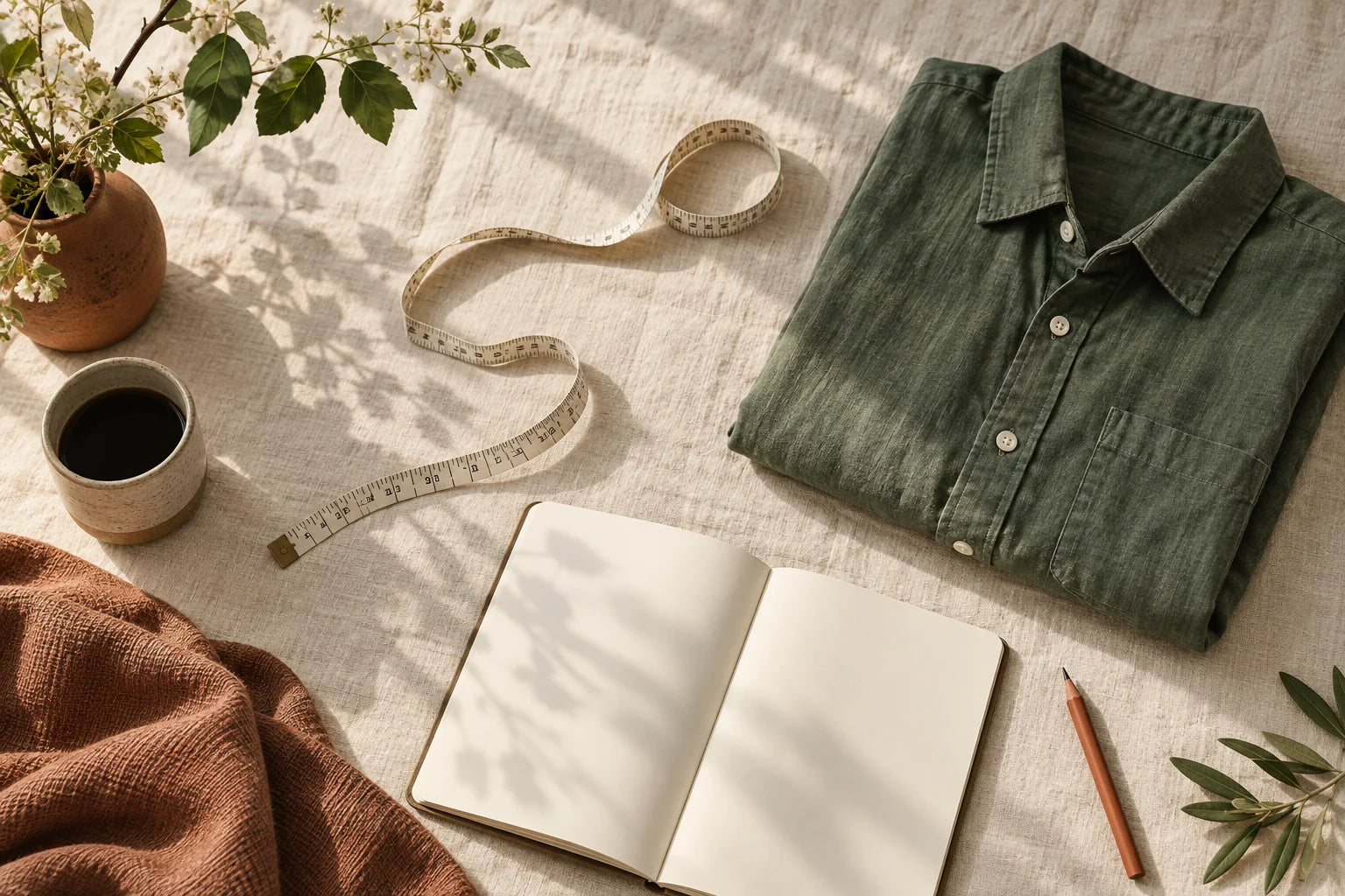 Editorial still life of a measuring tape, folded green shirt, open notebook and pencil.