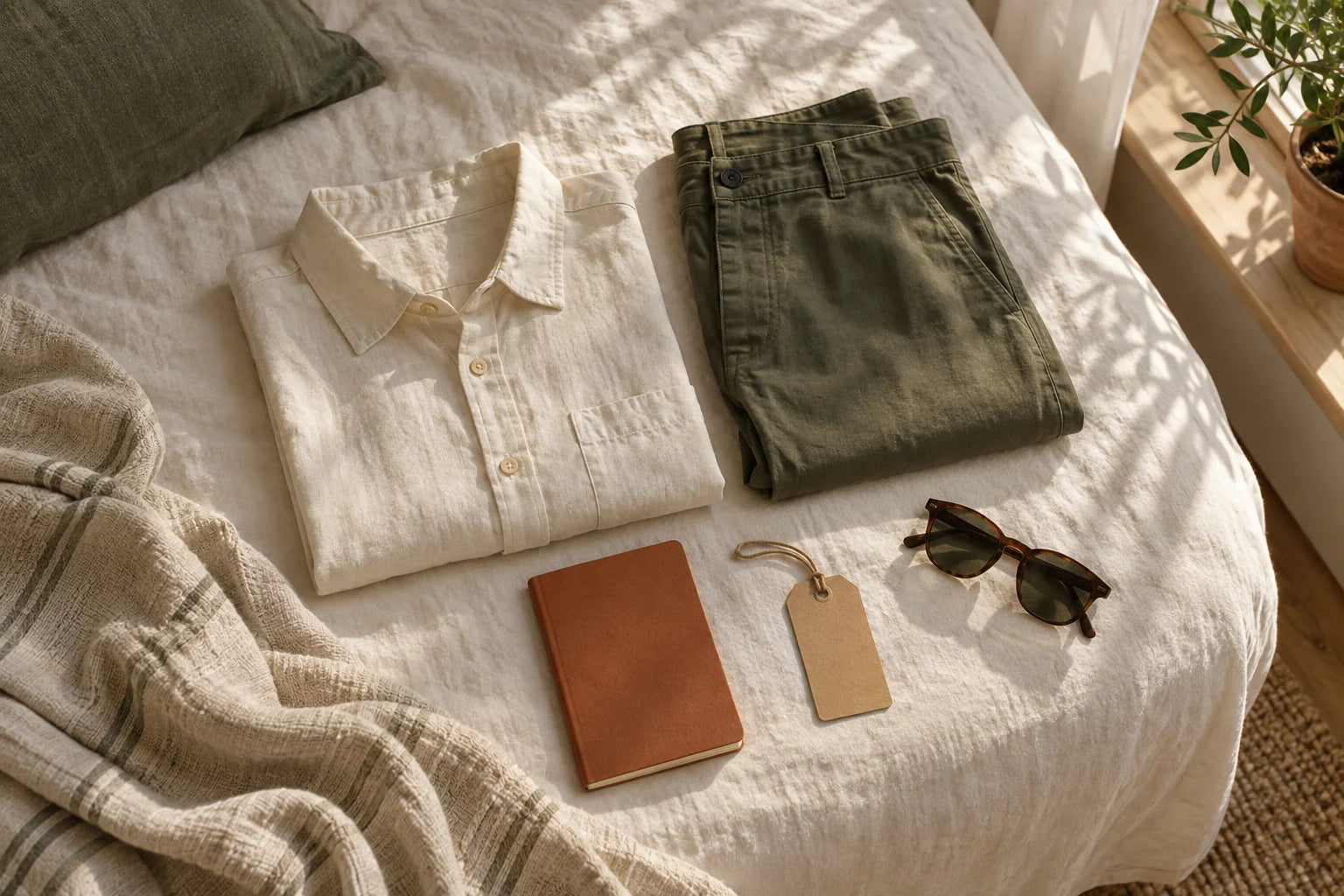 Editorial still life of a folded shirt and trousers, notebook, sunglasses and a blank tag on a bed.