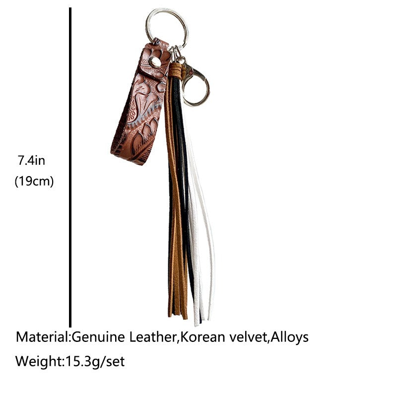 European and American Keyring Retro Embossed Brown Cow Leather Keychain Leather Tassel Personalized Handmade Pendant