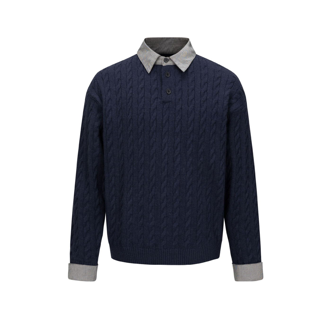 college-style patchwork collar cable-knit pullover sweater for men