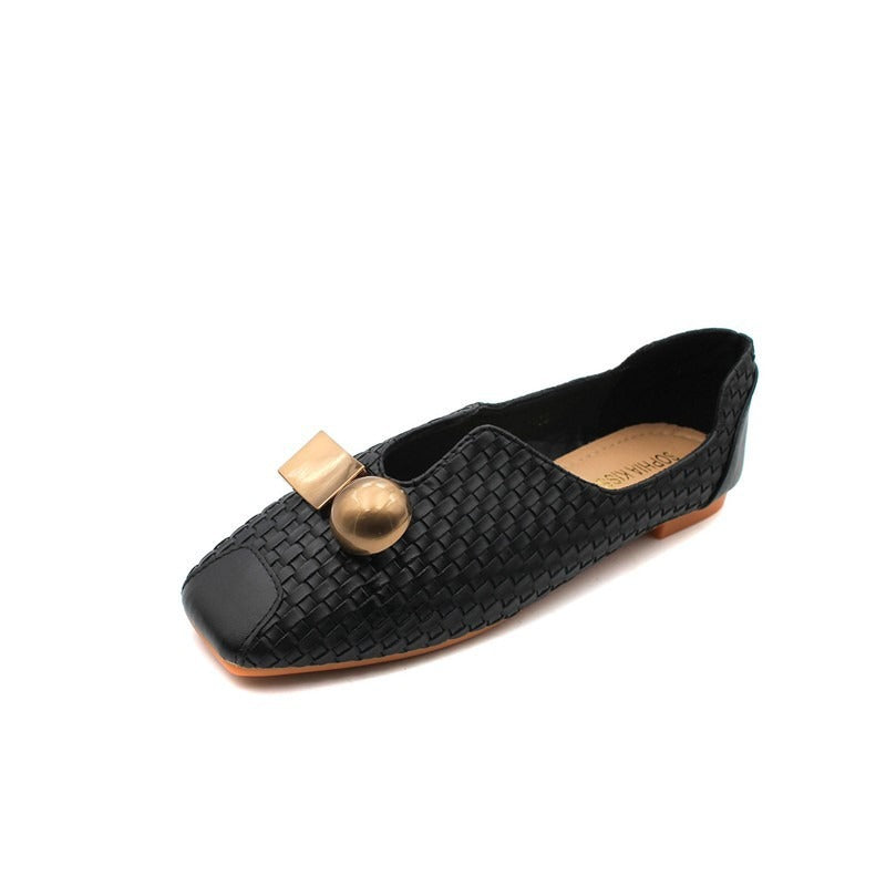 Retro square toe soft bottom flat beanie shoes for women square toe slip-on shoes