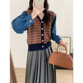 Striped Knit Denim Patchwork Jacket Women's Loose Short V-Neck...