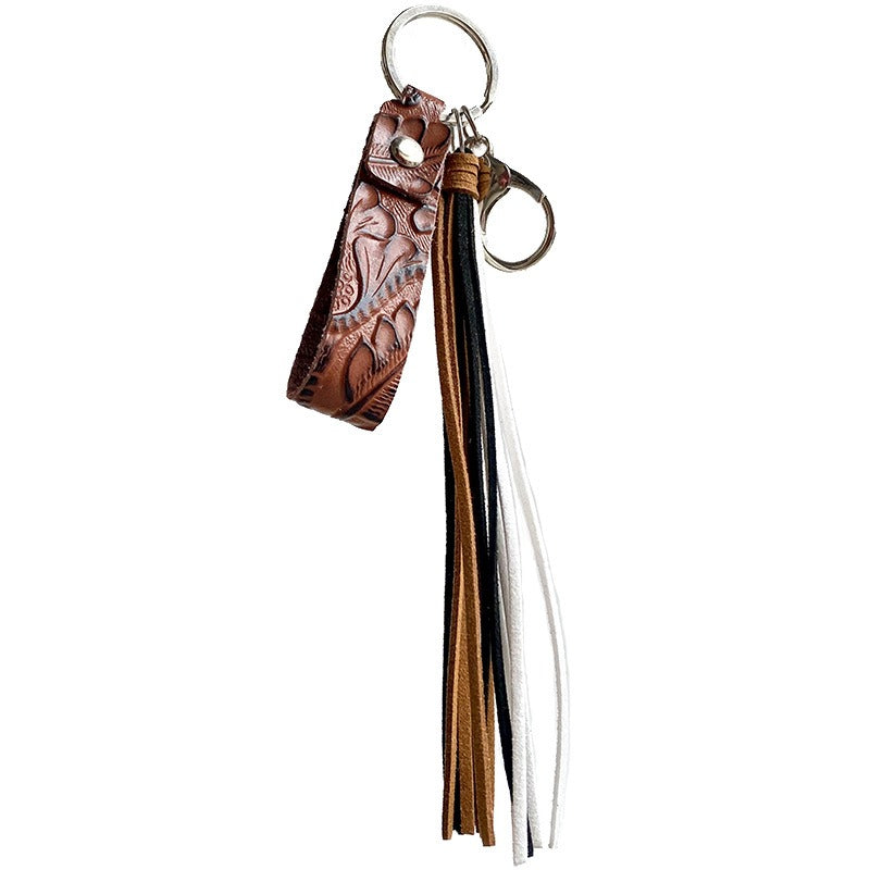 European and American Keyring Retro Embossed Brown Cow Leather Keychain Leather Tassel Personalized Handmade Pendant