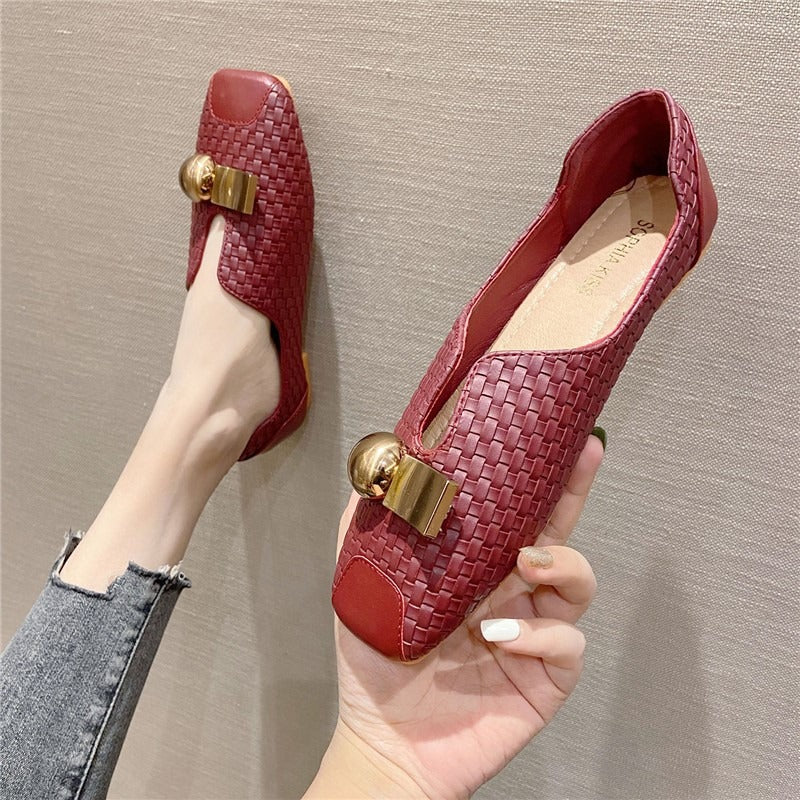 Retro square toe soft bottom flat beanie shoes for women square toe slip-on shoes