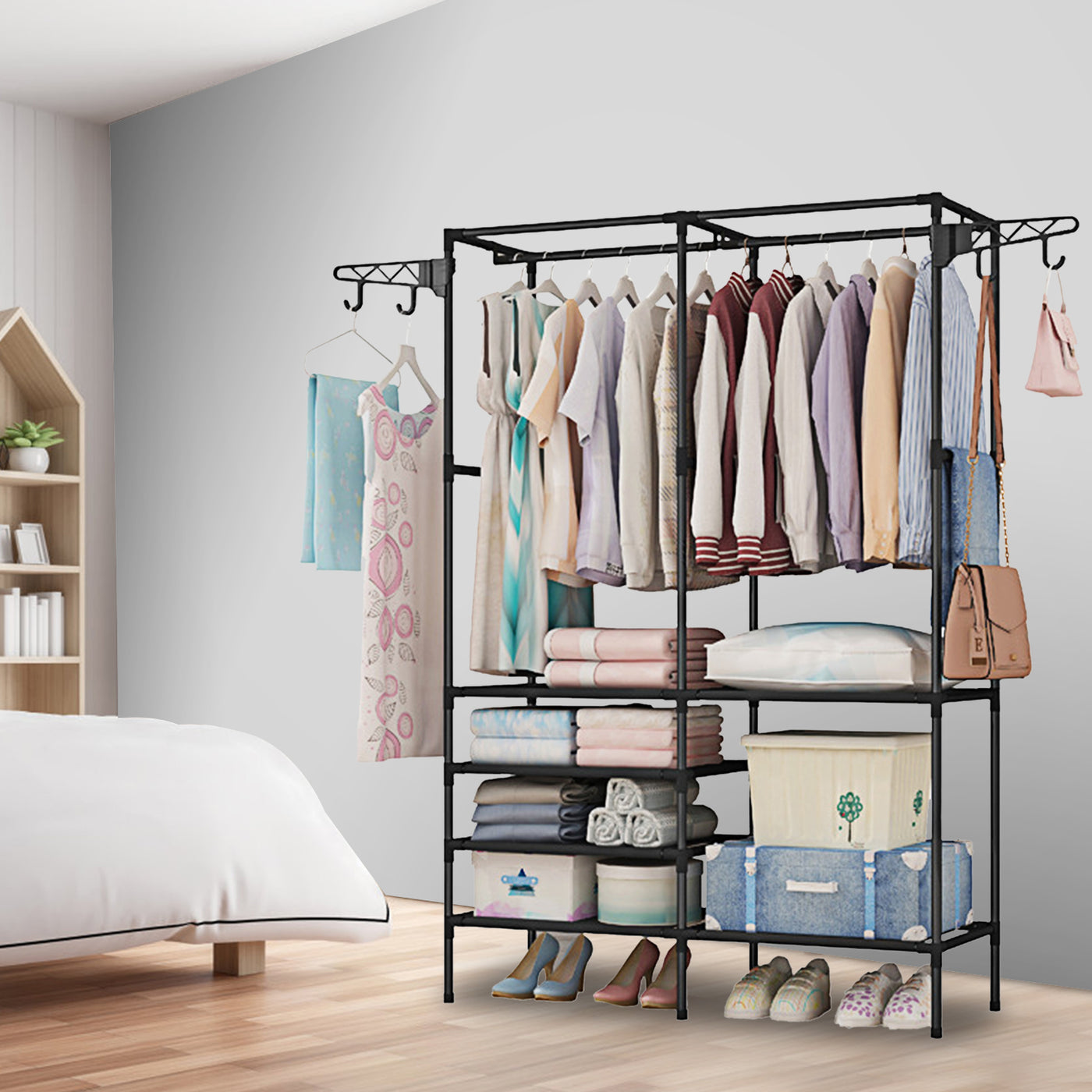 1Pc Metal Garment Rack Shoe Clothing Organizer Shelves Freestanding Multifunctional Clothes Wardrobe