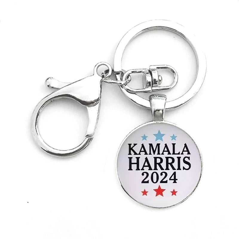 Kamala Harris Keychain With Clasp Classic Round Glass Pendant Key Holder Keyring For Men Women