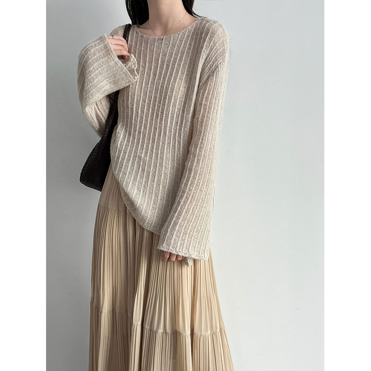 Lazy Knit Cardigan for Women, Hollow Knitwear with Flared Sleeves, Wool Blend, Relaxed Fit