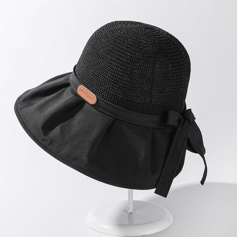 Ladies Bow Sun Hat Pleated Big Brim Stitching Fisherman Hat Elegant Temperament Sun Protection Hat Breathable Sun Hat