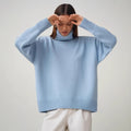 Versatile solid color high neck pullover sweater