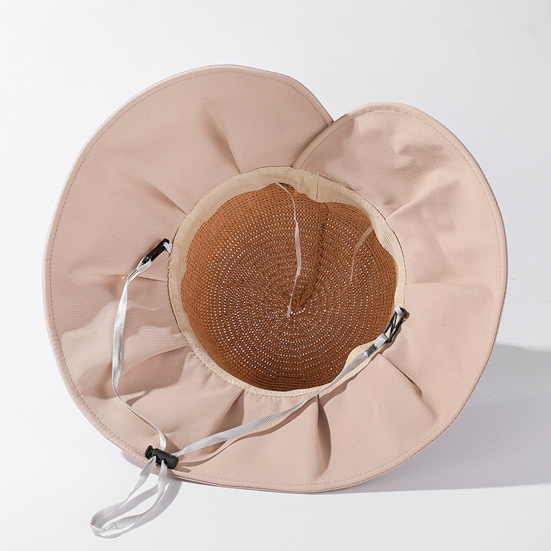 Ladies Bow Sun Hat Pleated Big Brim Stitching Fisherman Hat Elegant Temperament Sun Protection Hat Breathable Sun Hat