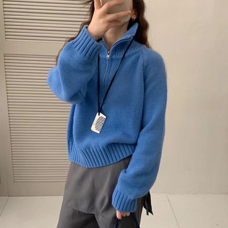 Half zip lapel pullover sweater for women