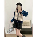 Striped Knit Denim Patchwork Jacket Women's Loose Short V-Neck...