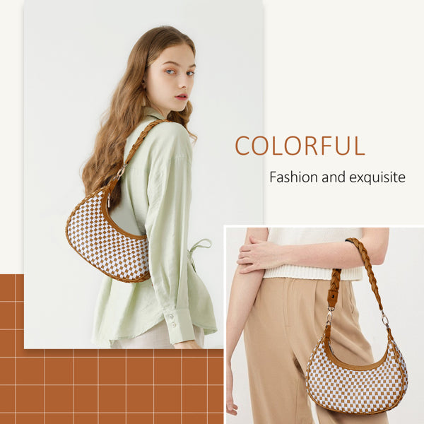 Women Woven Hobo Handbag For Women Fashion Vegan Leather Tote Bag For Women-Brown