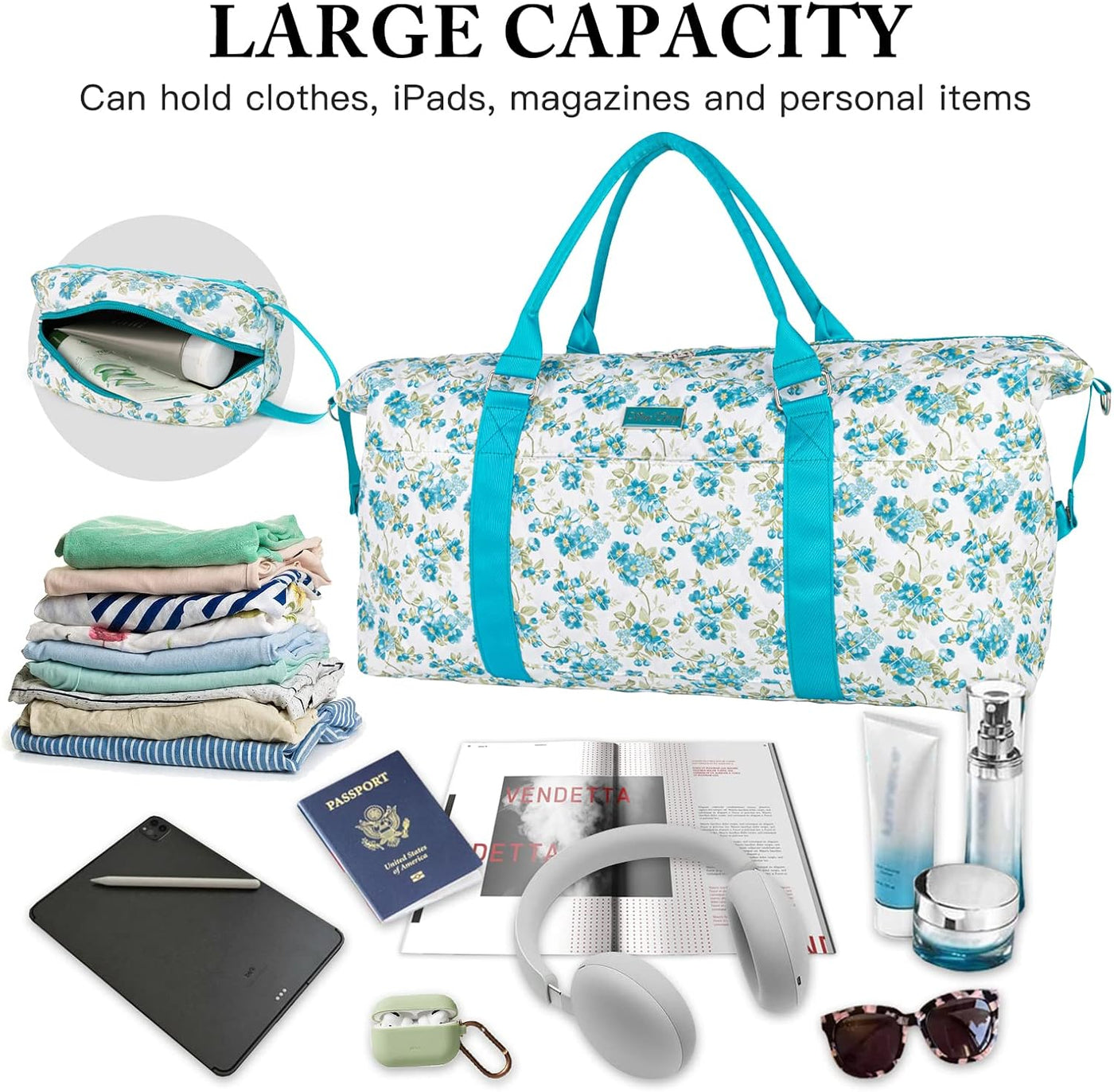 Women's Travel Bag With Toiletry Pouch  Carry-on Overnight & Weekend Bag For Travel, Yoga, And Gym  White Floral Design