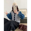 Striped Knit Denim Patchwork Jacket Women's Loose Short V-Neck...