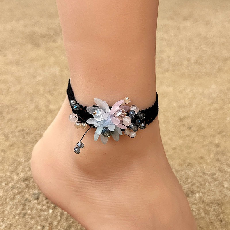Fabric crystal flower anklet