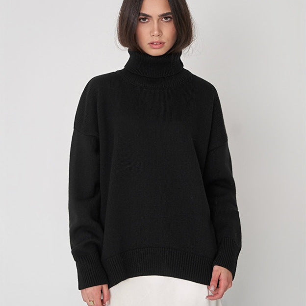 Versatile solid color high neck pullover sweater