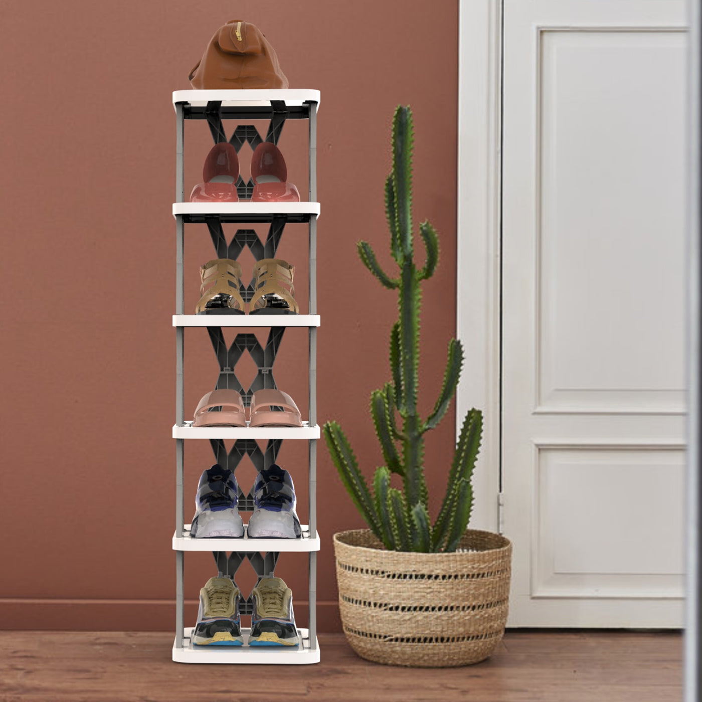 6 Tier Foldable Shoe Rack Vertical Shoe Organizer Narrow Shoe Rack For Small Spaces Space Saving Free Standing For Corner Entryway Hallway Bedroom 2 Color Options