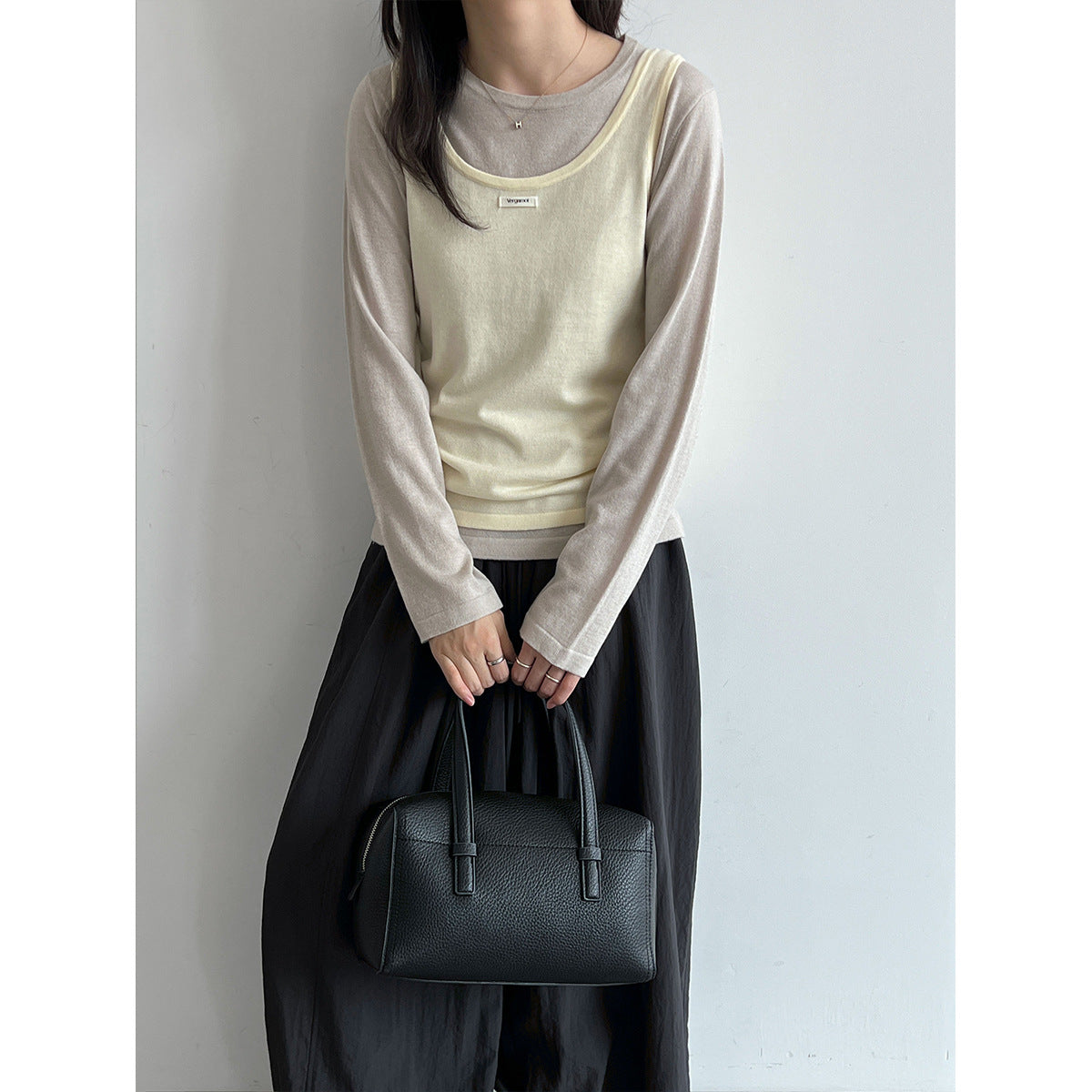 Layered Knit Camisole Top for Women, Letter Weave Label, Simple Basic Shirt