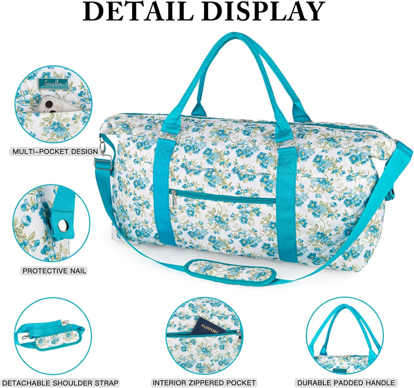 Women's Travel Bag With Toiletry Pouch  Carry-on Overnight & Weekend Bag For Travel, Yoga, And Gym  White Floral Design