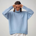 Versatile solid color high neck pullover sweater
