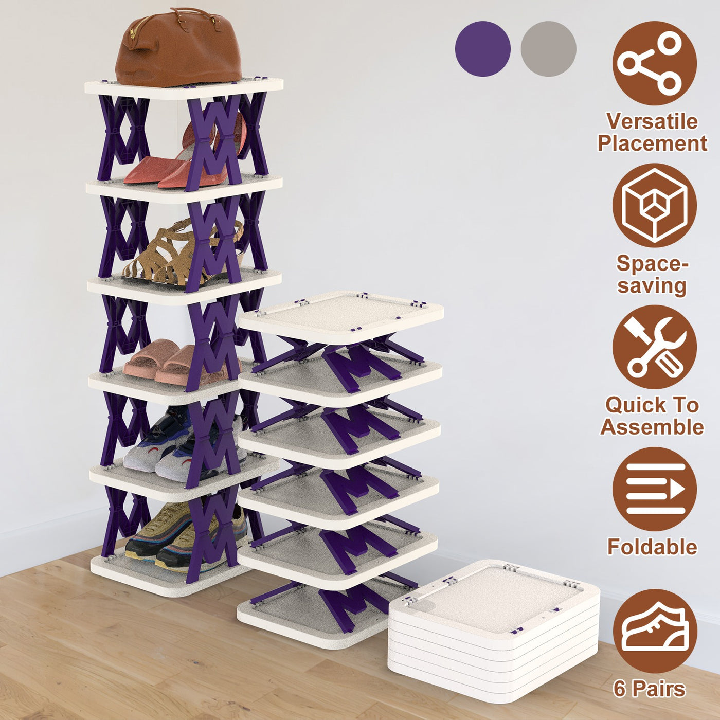 6 Tier Foldable Shoe Rack Vertical Shoe Organizer Narrow Shoe Rack For Small Spaces Space Saving Free Standing For Corner Entryway Hallway Bedroom 2 Color Options