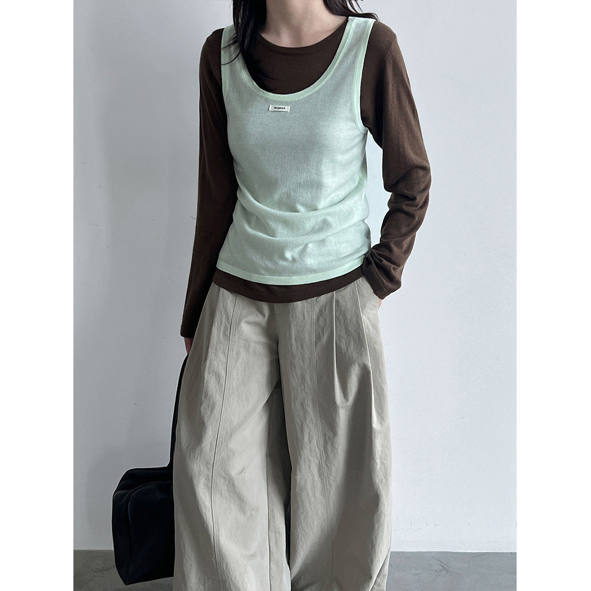 Layered Knit Camisole Top for Women, Letter Weave Label, Simple Basic Shirt