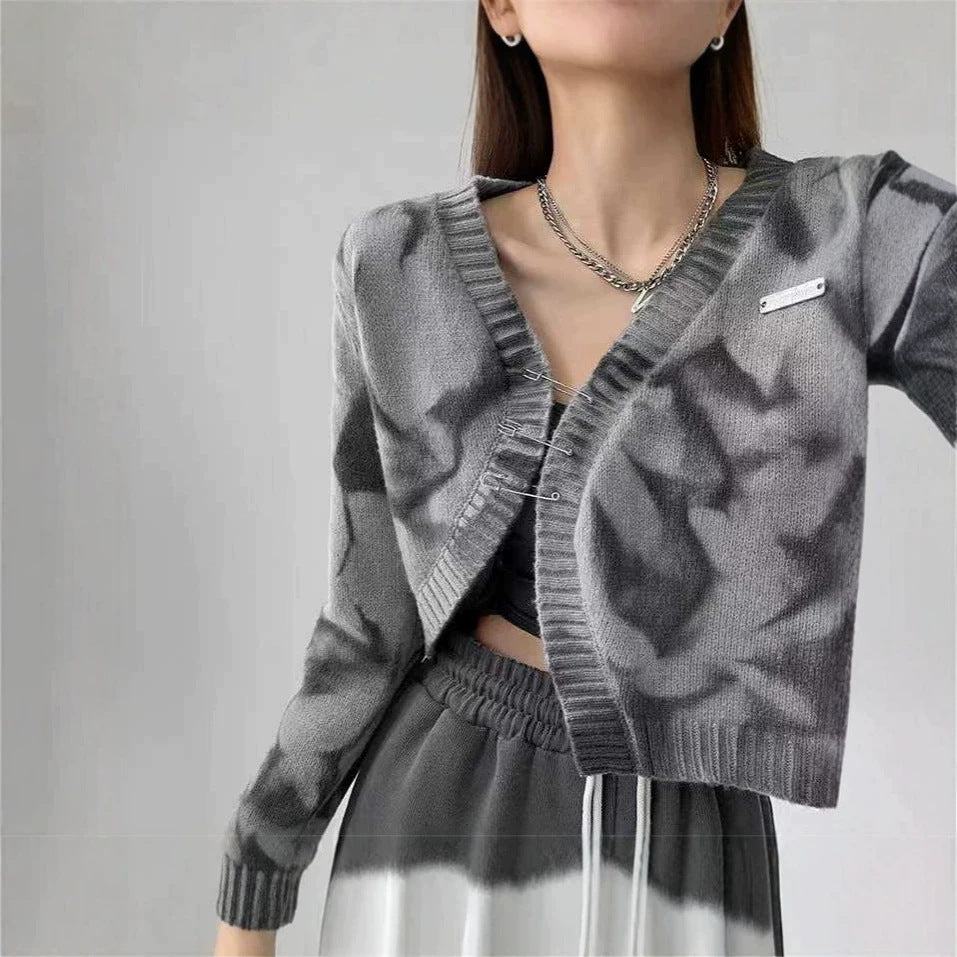 Boho Dye Knit Cardigan for Women, V-Neck Long Sleeve Loose Fit Short Sweater Coat