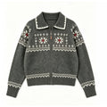 Fair Isle Vintage Jacquard Knit Cardigan Polo Neck Zipper...