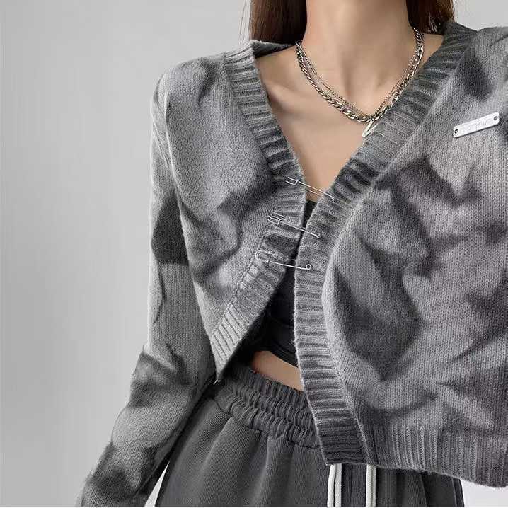 Boho Dye Knit Cardigan for Women, V-Neck Long Sleeve Loose Fit Short Sweater Coat