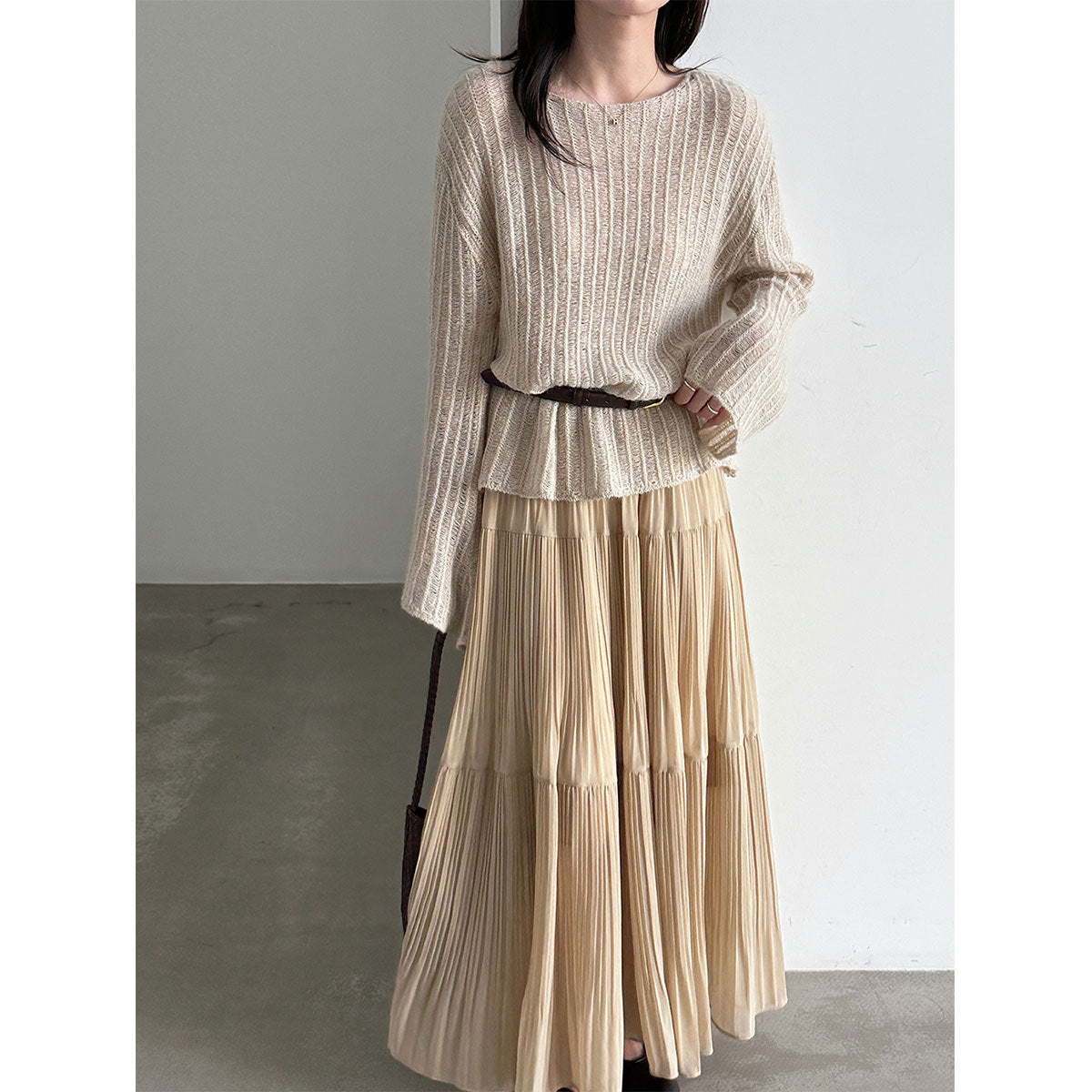Lazy Knit Cardigan for Women, Hollow Knitwear with Flared Sleeves, Wool Blend, Relaxed Fit