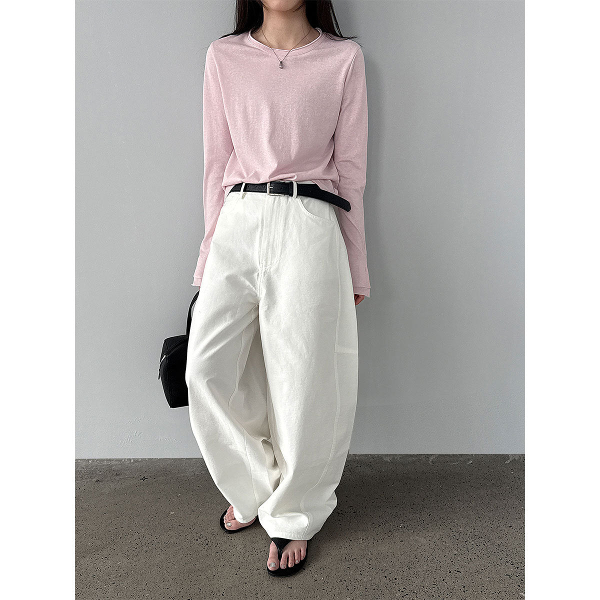 Simple and Versatile Regular Shoulder Double-Layer Rolled Cuff Round Neck T-Shirt with Button Detail Long Sleeve