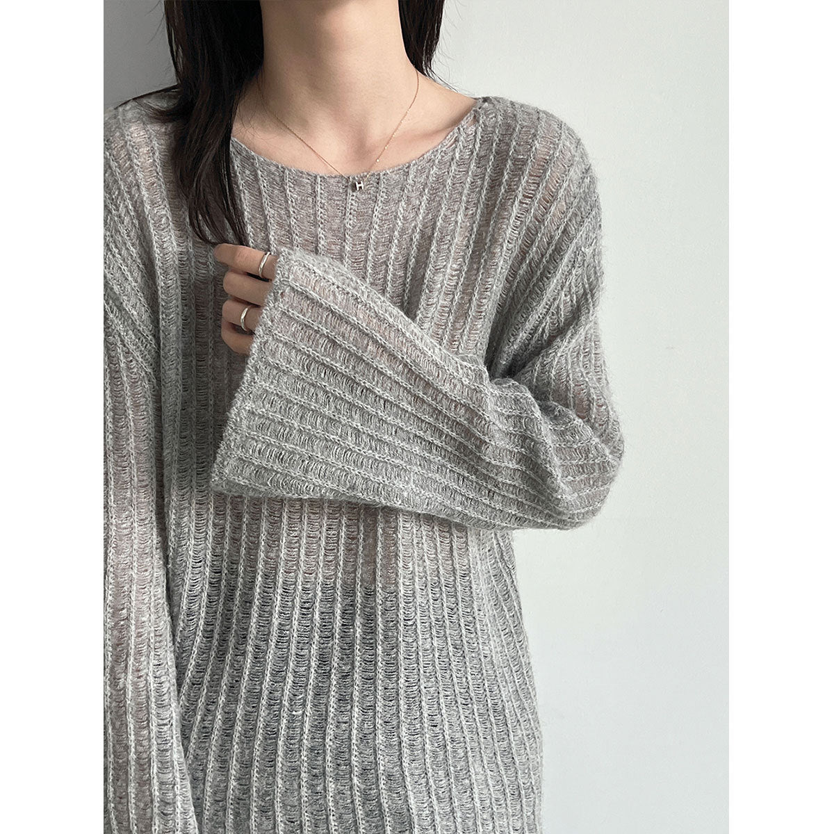 Lazy Knit Cardigan for Women, Hollow Knitwear with Flared Sleeves, Wool Blend, Relaxed Fit