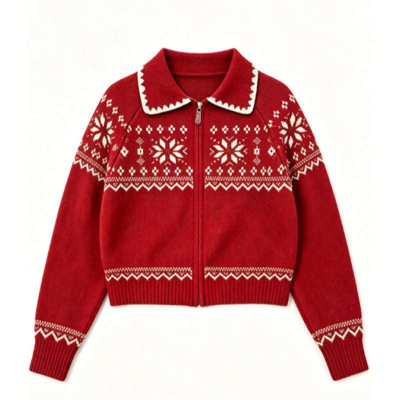 Fair Isle Vintage Jacquard Knit Cardigan Polo Neck Zipper...
