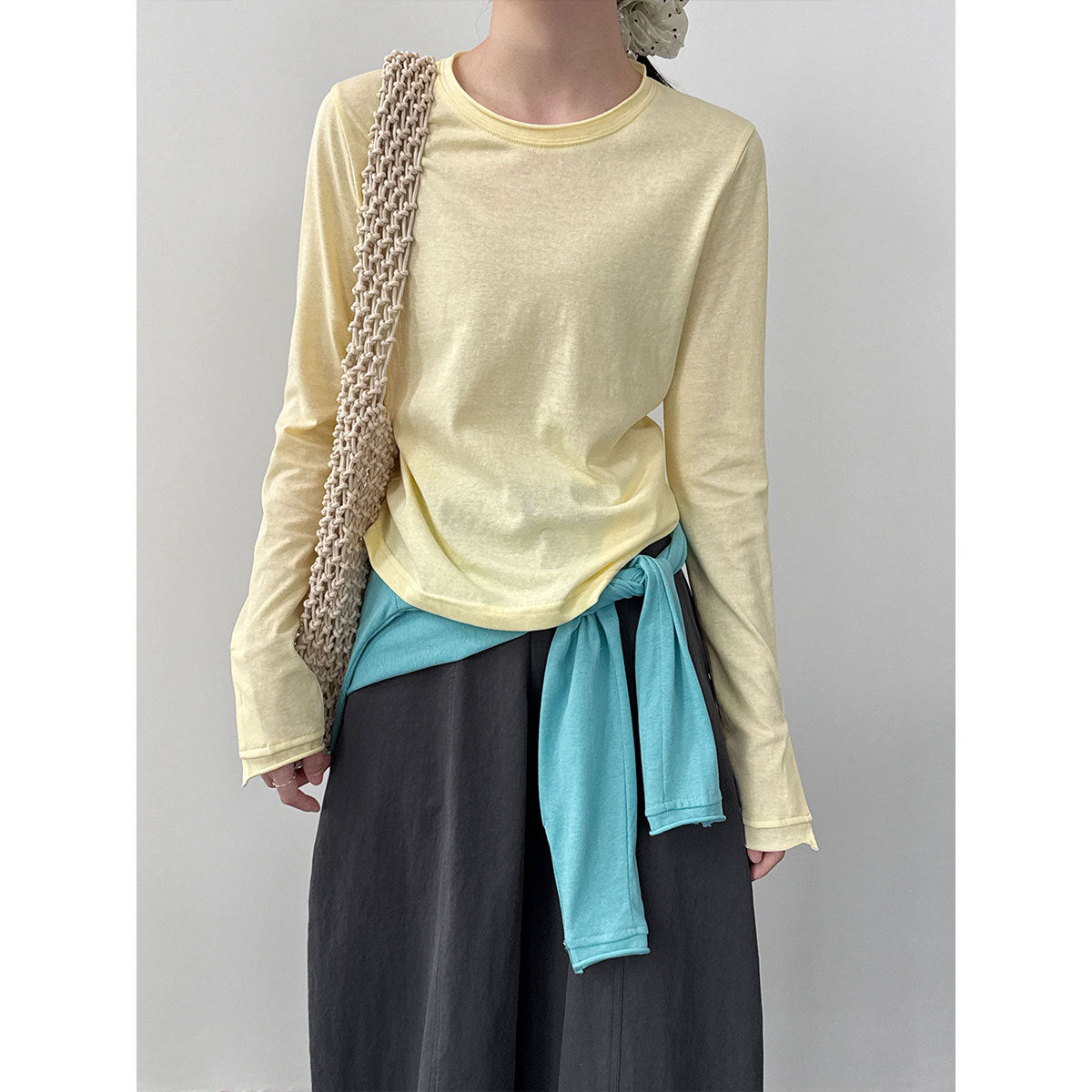 Simple and Versatile Regular Shoulder Double-Layer Rolled Cuff Round Neck T-Shirt with Button Detail Long Sleeve