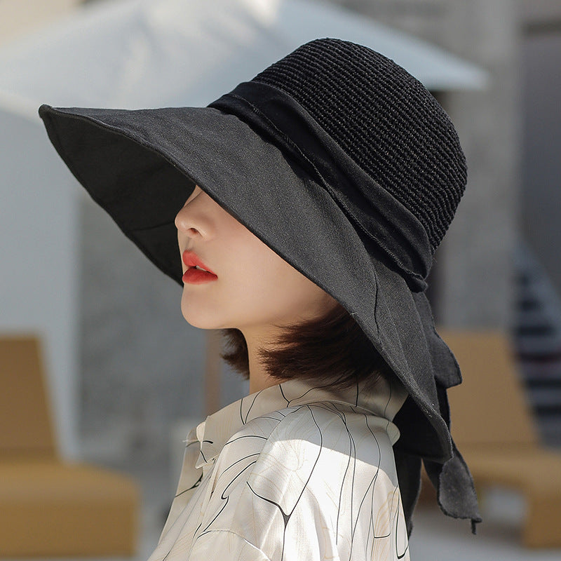Knitted Stitching Large Brimmed Sun Hat Women's Outdoor Sun Protection Sun Hat Wild Bow Beach Hat