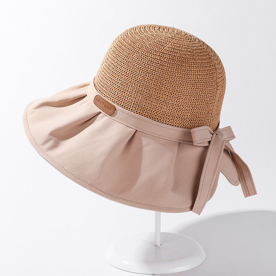 Ladies Bow Sun Hat Pleated Big Brim Stitching Fisherman Hat Elegant Temperament Sun Protection Hat Breathable Sun Hat