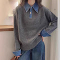 Color blocked denim patchwork polo collar long sleeved sweater for women