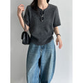 Cable Knit Short Sleeve Wool Round Neck T-Shirt for Women Slim Fit Top
