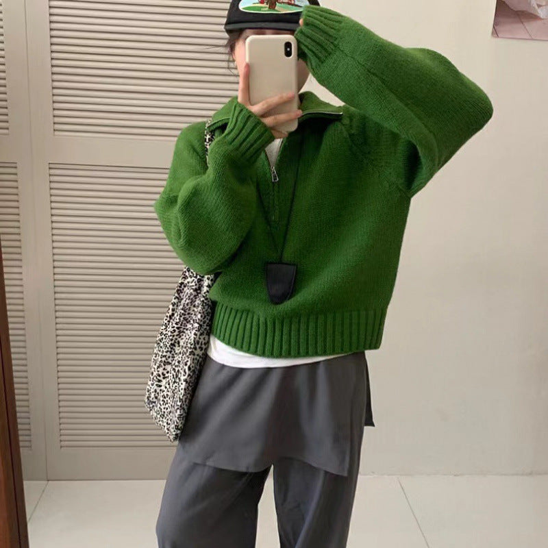 Half zip lapel pullover sweater for women