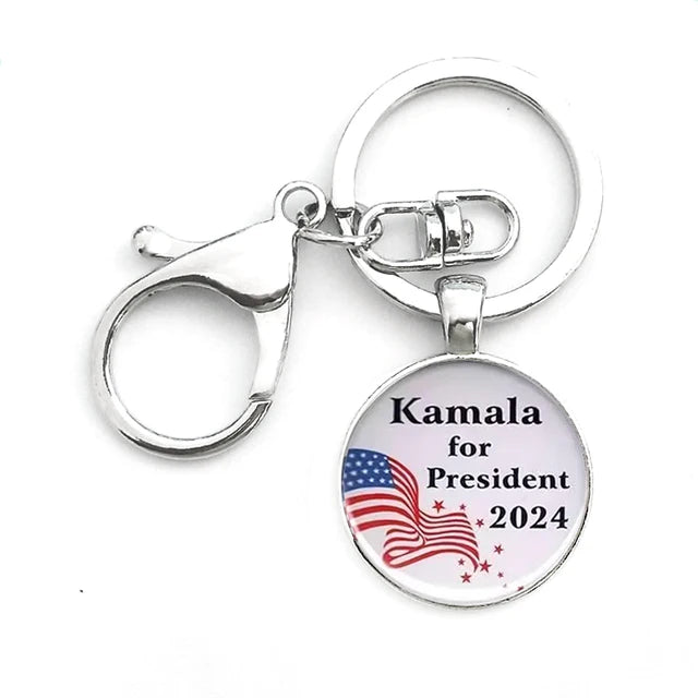 Kamala Harris Keychain With Clasp Classic Round Glass Pendant Key Holder Keyring For Men Women