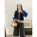 Striped Knit Denim Patchwork Jacket Women's Loose Short V-Neck...