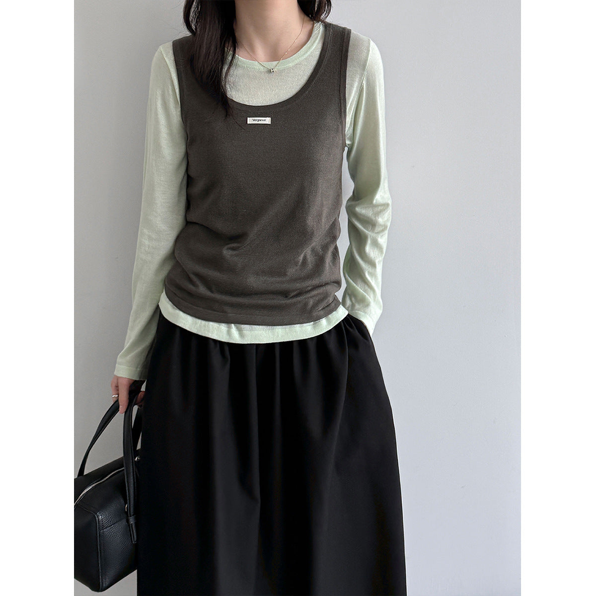 Layered Knit Camisole Top for Women, Letter Weave Label, Simple Basic Shirt