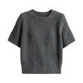 Cable Knit Short Sleeve Wool Round Neck T-Shirt for Women Slim Fit Top