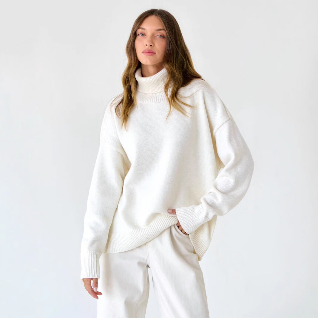 Versatile solid color high neck pullover sweater