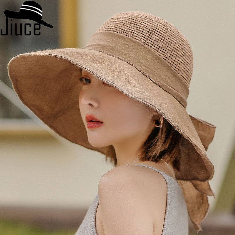 Knitted Stitching Large Brimmed Sun Hat Women's Outdoor Sun Protection Sun Hat Wild Bow Beach Hat