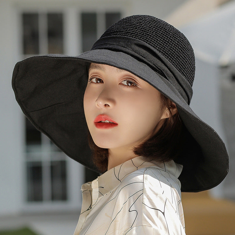Knitted Stitching Large Brimmed Sun Hat Women's Outdoor Sun Protection Sun Hat Wild Bow Beach Hat