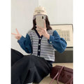 Striped Knit Denim Patchwork Jacket Women's Loose Short V-Neck...